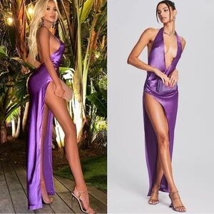RETROFETE Satin Draped Halter Plunge Neck Open Back Ruched Side Slit Gown S